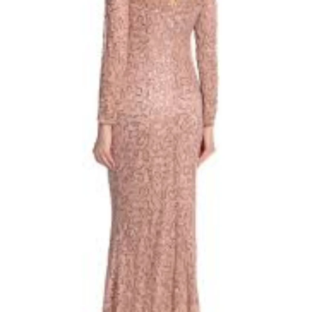 Marina Sequin Evening Gown Blush Champagne Formal Dress Long Sleeve Maxi Medium
